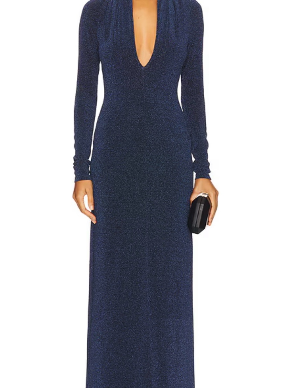 Navy Long-Sleeve Plunging Evening Gown